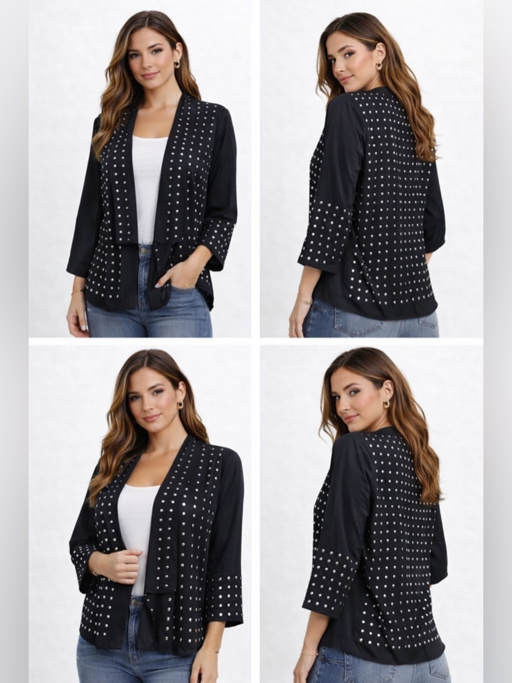 Rock & Reblic Jack Black Studded Satin Open Front 3/4 Sleeve Size 16 NWT